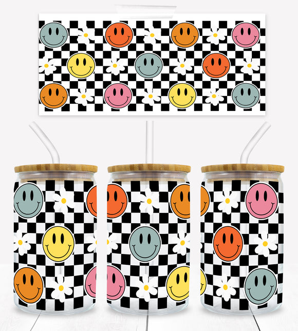 Smiley Checkered - UVD 72 - 16 oz Glass Cup Wrap